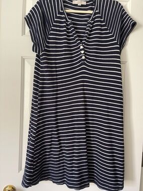 LOFT Navy & White Striped V-Neck Knit Dress with Buttons